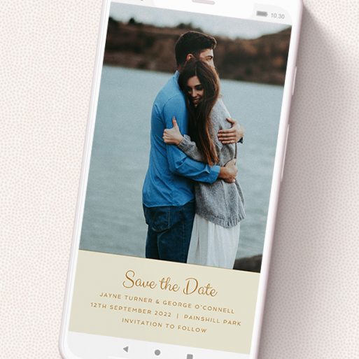 A digital save the date template titled 'Cheek by Jowl'. It is a smartphone screen sized save the date in a portrait orientation. It is a photographic digital save the date with room for 4 photos. 'Cheek by Jowl' is available as a flat save the date, with mainly dark cream colouring.