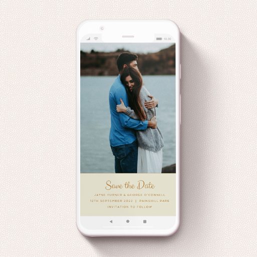 A digital save the date template titled "Cheek by Jowl". It is a smartphone screen sized save the date in a portrait orientation. It is a photographic digital save the date with room for 4 photos. "Cheek by Jowl" is available as a flat save the date, with mainly dark cream colouring.