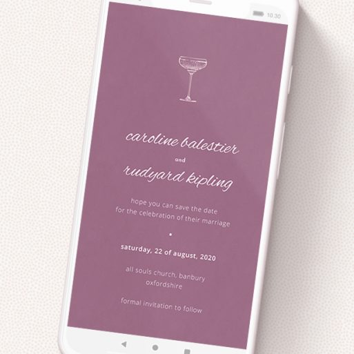 A digital save the date named 'Coupe '. It is a smartphone screen sized save the date in a portrait orientation. 'Coupe ' is available as a flat save the date, with tones of burgundy and white.