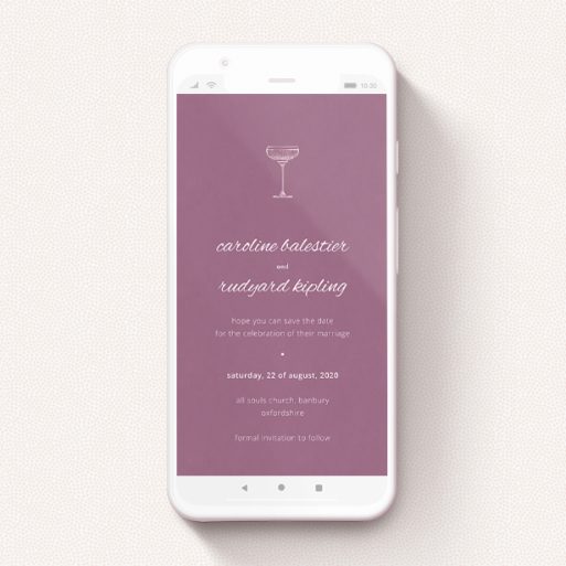 A digital save the date named "Coupe ". It is a smartphone screen sized save the date in a portrait orientation. "Coupe " is available as a flat save the date, with tones of burgundy and white.