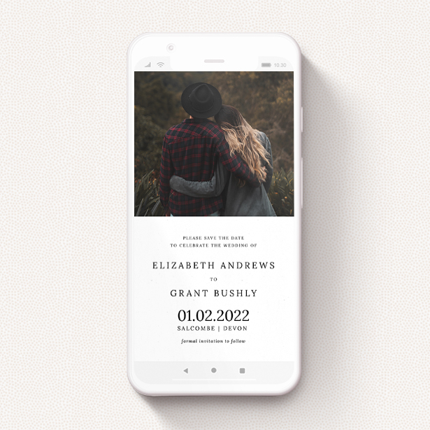 A digital save the date named "Half and Half". It is a smartphone screen sized save the date in a portrait orientation. It is a photographic digital save the date with room for 1 photo. "Half and Half" is available as a flat save the date, with mainly white colouring.