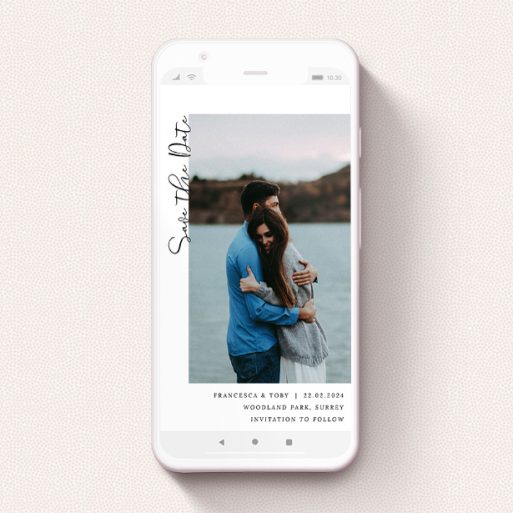 A digital save the date design called "Koh Tao". It is a smartphone screen sized save the date in a portrait orientation. It is a photographic digital save the date with room for 1 photo. "Koh Tao" is available as a flat save the date, with mainly white colouring.