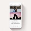A digital save the date design called "Modern Thirds". It is a smartphone screen sized save the date in a portrait orientation. It is a photographic digital save the date with room for 2 photos. "Modern Thirds" is available as a flat save the date, with mainly white colouring.