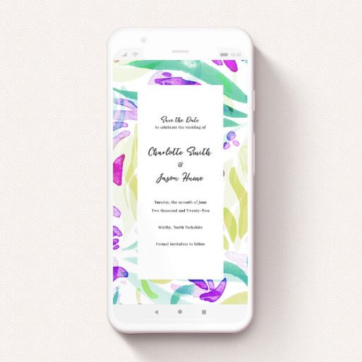 A digital save the date design called "Neon Florals". It is a smartphone screen sized save the date in a portrait orientation. "Neon Florals" is available as a flat save the date, with tones of white, green and yellow.