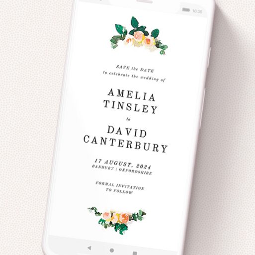 A digital save the date named 'Rose bouquet '. It is a smartphone screen sized save the date in a portrait orientation. 'Rose bouquet ' is available as a flat save the date, with tones of white and green.
