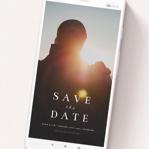 A digital save the date design called 'Shanghai Nights'. It is a smartphone screen sized save the date in a portrait orientation. It is a photographic digital save the date with room for 1 photo. 'Shanghai Nights' is available as a flat save the date, with mainly white colouring.