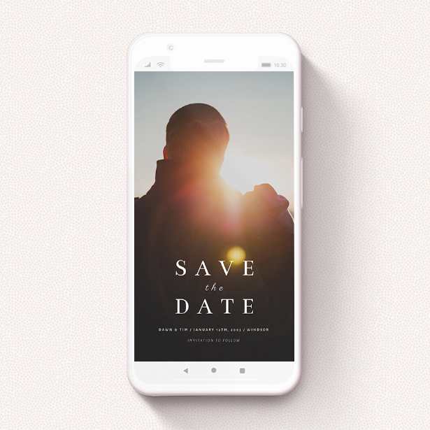 A digital save the date design called "Shanghai Nights". It is a smartphone screen sized save the date in a portrait orientation. It is a photographic digital save the date with room for 1 photo. "Shanghai Nights" is available as a flat save the date, with mainly white colouring.
