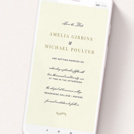 A digital save the date design called 'Simple flourish '. It is a smartphone screen sized save the date in a portrait orientation. 'Simple flourish ' is available as a flat save the date, with tones of cream and gold.