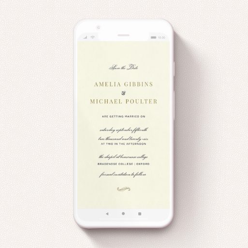 A digital save the date design called "Simple flourish ". It is a smartphone screen sized save the date in a portrait orientation. "Simple flourish " is available as a flat save the date, with tones of cream and gold.