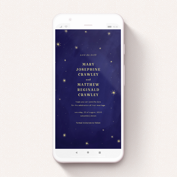 A digital save the date template titled "Sky at night ". It is a smartphone screen sized save the date in a portrait orientation. "Sky at night " is available as a flat save the date, with tones of blue and gold.