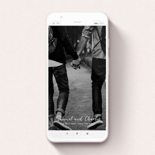 A digital save the date template titled "Soho Script". It is a smartphone screen sized save the date in a portrait orientation. It is a photographic digital save the date with room for 1 photo. "Soho Script" is available as a flat save the date, with mainly white colouring.
