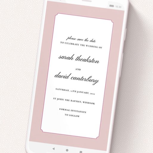 A digital save the date named 'Square Slant Pink'. It is a smartphone screen sized save the date in a portrait orientation. 'Square Slant Pink' is available as a flat save the date, with tones of pink and white.