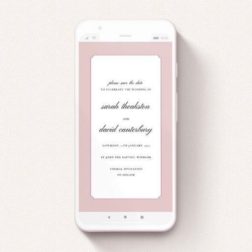 A digital save the date named "Square Slant Pink". It is a smartphone screen sized save the date in a portrait orientation. "Square Slant Pink" is available as a flat save the date, with tones of pink and white.