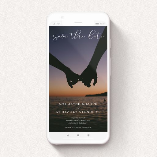 A digital save the date design called "The Royal Mile". It is a smartphone screen sized save the date in a portrait orientation. It is a photographic digital save the date with room for 1 photo. "The Royal Mile" is available as a flat save the date, with mainly white colouring.