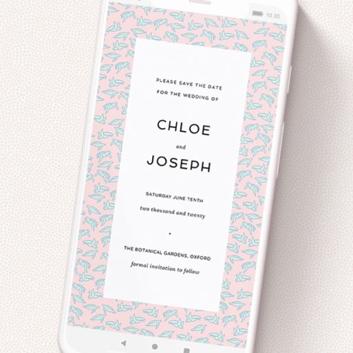 A digital save the date template titled 'Tiny, Tiny Turtles'. It is a smartphone screen sized save the date in a portrait orientation. 'Tiny, Tiny Turtles' is available as a flat save the date, with tones of blue and pink.
