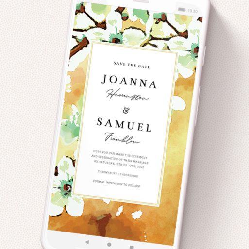 A digital save the date template titled 'Vintage Blossom'. It is a smartphone screen sized save the date in a portrait orientation. 'Vintage Blossom' is available as a flat save the date, with tones of deep orange, mint green and white.