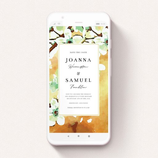 A digital save the date template titled "Vintage Blossom". It is a smartphone screen sized save the date in a portrait orientation. "Vintage Blossom" is available as a flat save the date, with tones of deep orange, mint green and white.