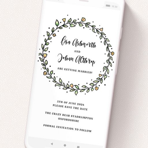 A digital save the date template titled 'Wreath Outline'. It is a smartphone screen sized save the date in a portrait orientation. 'Wreath Outline' is available as a flat save the date, with tones of light green and orange.