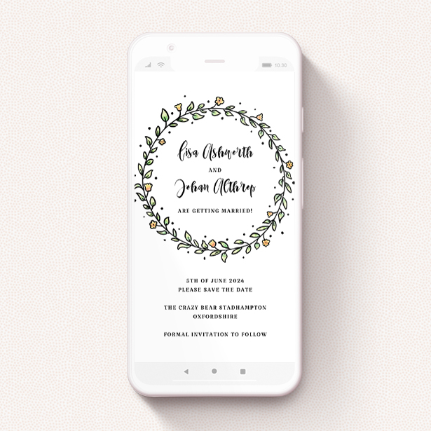 A digital save the date template titled "Wreath Outline". It is a smartphone screen sized save the date in a portrait orientation. "Wreath Outline" is available as a flat save the date, with tones of light green and orange.