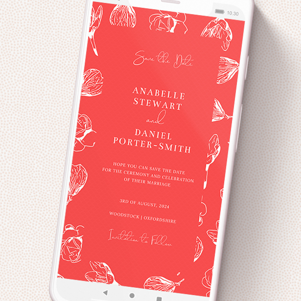 A digital save the date design called 'Young Bloom'. It is a smartphone screen sized save the date in a portrait orientation. 'Young Bloom' is available as a flat save the date, with tones of red and white.
