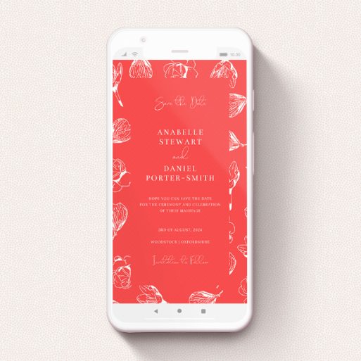 A digital save the date design called "Young Bloom". It is a smartphone screen sized save the date in a portrait orientation. "Young Bloom" is available as a flat save the date, with tones of red and white.