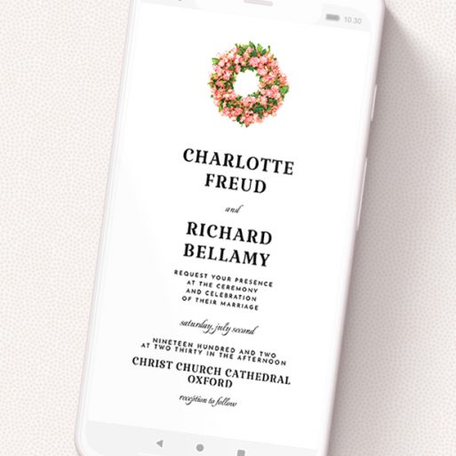 A digital wedding invite template titled 'Acrylic Wreath '. It is a smartphone screen sized invite in a portrait orientation. 'Acrylic Wreath ' is available as a flat invite, with tones of white and green.