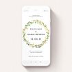 A digital wedding invite design called "Autumn Floral Round". It is a smartphone screen sized invite in a portrait orientation. "Autumn Floral Round" is available as a flat invite, with tones of green, orange and yellow.