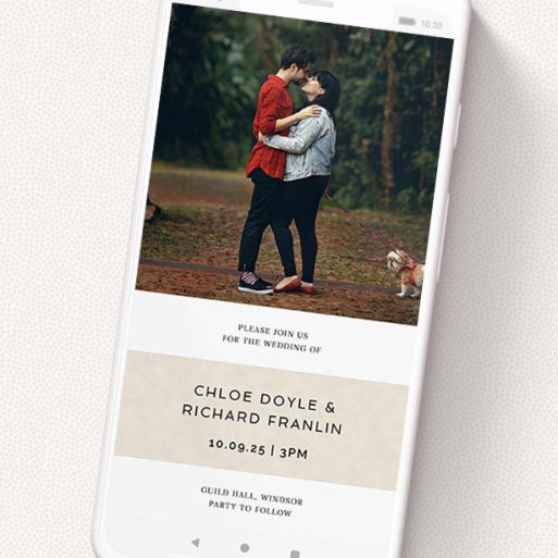 A digital wedding invite named 'Banded'. It is a smartphone screen sized invite in a portrait orientation. It is a photographic digital wedding invite with room for 1 photo. 'Banded' is available as a flat invite, with mainly dark cream colouring.
