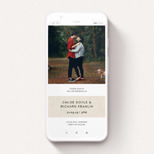 A digital wedding invite named "Banded". It is a smartphone screen sized invite in a portrait orientation. It is a photographic digital wedding invite with room for 1 photo. "Banded" is available as a flat invite, with mainly dark cream colouring.