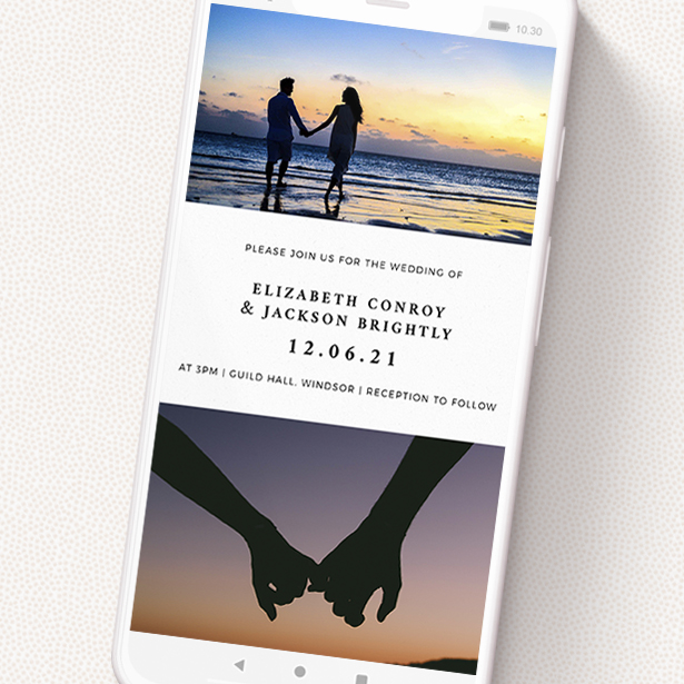 A digital wedding invite named 'Bold Typography'. It is a smartphone screen sized invite in a portrait orientation. It is a photographic digital wedding invite with room for 2 photos. 'Bold Typography' is available as a flat invite, with tones of black and white.