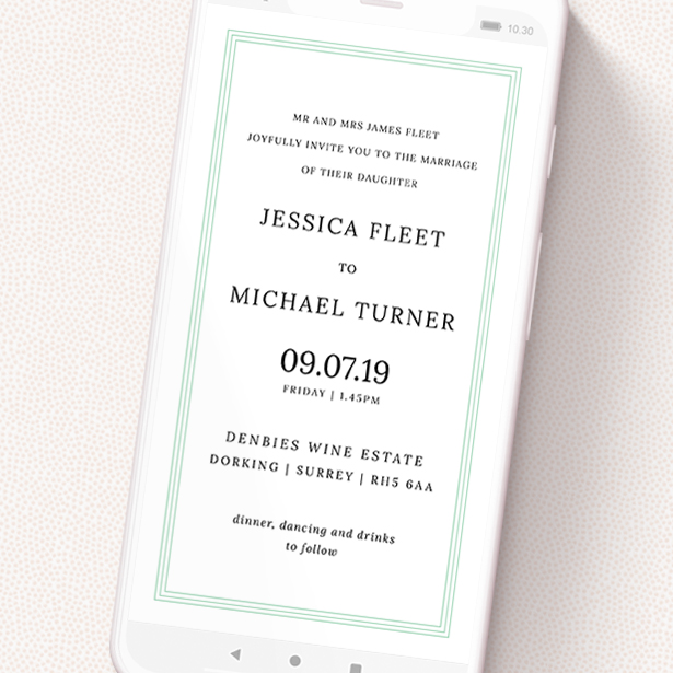 A digital wedding invite design called 'Border in Three'. It is a smartphone screen sized invite in a portrait orientation. 'Border in Three' is available as a flat invite, with tones of blue and white.