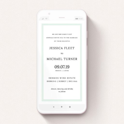 A digital wedding invite design called "Border in Three". It is a smartphone screen sized invite in a portrait orientation. "Border in Three" is available as a flat invite, with tones of blue and white.