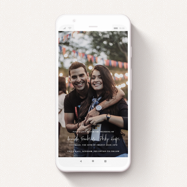 A digital wedding invite design called "Bottom Centre". It is a smartphone screen sized invite in a portrait orientation. It is a photographic digital wedding invite with room for 1 photo. "Bottom Centre" is available as a flat invite, with mainly white colouring.