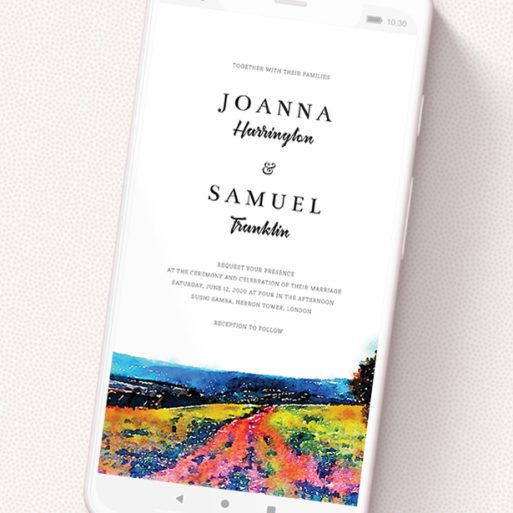 A digital wedding invite named 'Country Road'. It is a smartphone screen sized invite in a portrait orientation. 'Country Road' is available as a flat invite, with tones of white, orange and light blue.