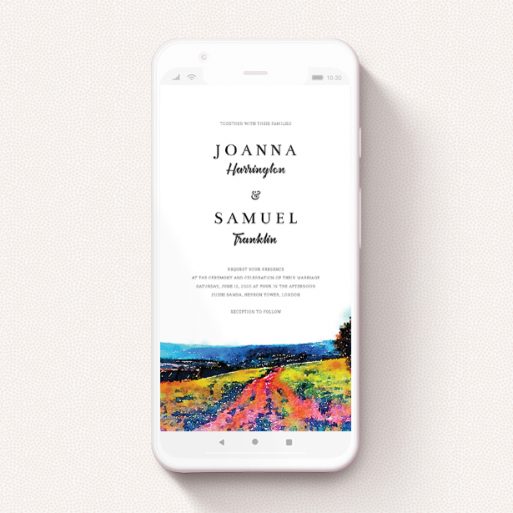 A digital wedding invite named "Country Road". It is a smartphone screen sized invite in a portrait orientation. "Country Road" is available as a flat invite, with tones of white, orange and light blue.