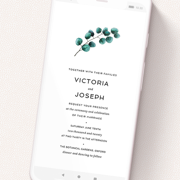 A digital wedding invite template titled 'Eucalyptus Central'. It is a smartphone screen sized invite in a portrait orientation. 'Eucalyptus Central' is available as a flat invite, with tones of white and green.