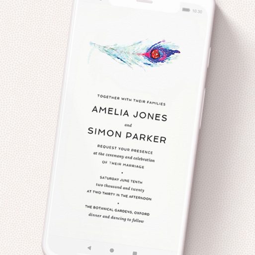 A digital wedding invite design called 'Feather in the corner '. It is a smartphone screen sized invite in a portrait orientation. 'Feather in the corner ' is available as a flat invite, with mainly white colouring.