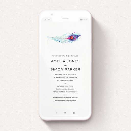 A digital wedding invite design called "Feather in the corner ". It is a smartphone screen sized invite in a portrait orientation. "Feather in the corner " is available as a flat invite, with mainly white colouring.