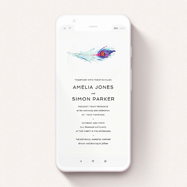 A digital wedding invite design called "Feather in the corner ". It is a smartphone screen sized invite in a portrait orientation. "Feather in the corner " is available as a flat invite, with mainly white colouring.