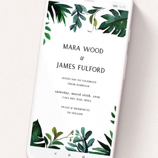 A digital wedding invite template titled 'Gap in the Jungle'. It is a smartphone screen sized invite in a portrait orientation. 'Gap in the Jungle' is available as a flat invite, with tones of green and white.