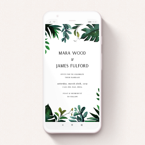 A digital wedding invite template titled "Gap in the Jungle". It is a smartphone screen sized invite in a portrait orientation. "Gap in the Jungle" is available as a flat invite, with tones of green and white.