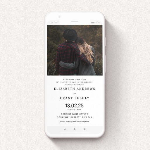 A digital wedding invite design called "Half and Half". It is a smartphone screen sized invite in a portrait orientation. It is a photographic digital wedding invite with room for 1 photo. "Half and Half" is available as a flat invite, with mainly white colouring.