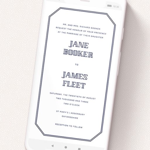 A digital wedding invite named 'In between the lines square'. It is a smartphone screen sized invite in a portrait orientation. 'In between the lines square' is available as a flat invite, with tones of blue and white.