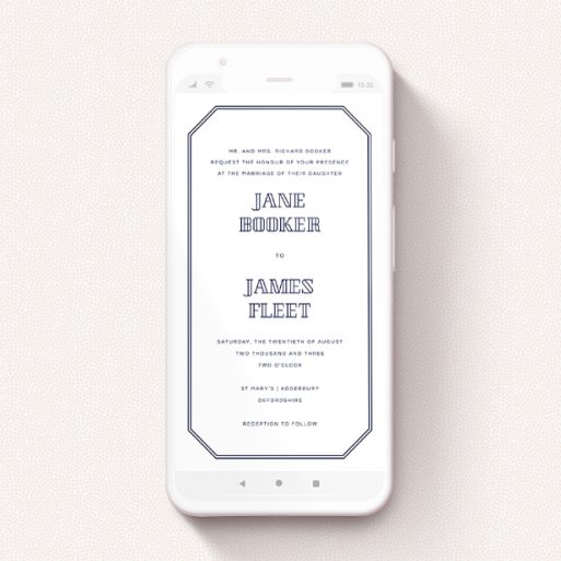 A digital wedding invite named "In between the lines square". It is a smartphone screen sized invite in a portrait orientation. "In between the lines square" is available as a flat invite, with tones of blue and white.