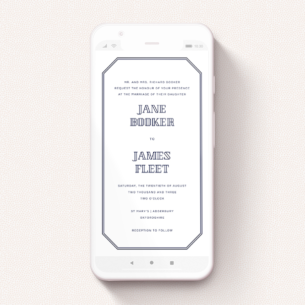 A digital wedding invite named "In between the lines square". It is a smartphone screen sized invite in a portrait orientation. "In between the lines square" is available as a flat invite, with tones of blue and white.