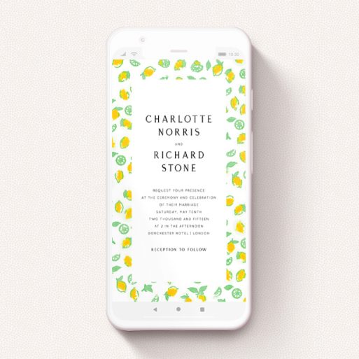 A digital wedding invite design called "Madeira". It is a smartphone screen sized invite in a portrait orientation. "Madeira" is available as a flat invite, with tones of yellow, green and white.