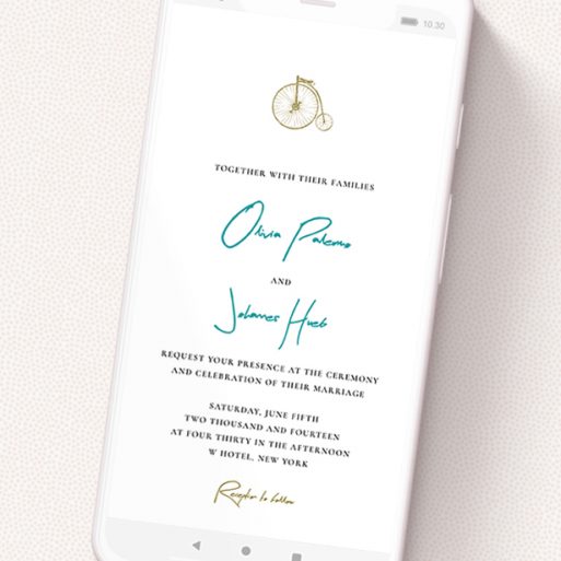 A digital wedding invite design called 'On your bike new '. It is a smartphone screen sized invite in a portrait orientation. 'On your bike new ' is available as a flat invite, with tones of white and green.