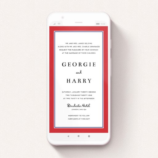 A digital wedding invite named "Red with Blue". It is a smartphone screen sized invite in a portrait orientation. "Red with Blue" is available as a flat invite, with tones of red and blue.