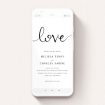 A digital wedding invite template titled "Simply Love". It is a smartphone screen sized invite in a portrait orientation. "Simply Love" is available as a flat invite, with tones of white and black.