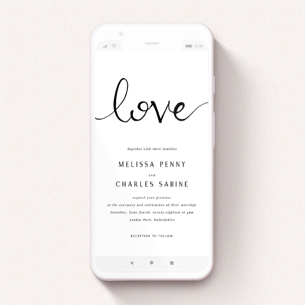 A digital wedding invite template titled "Simply Love". It is a smartphone screen sized invite in a portrait orientation. "Simply Love" is available as a flat invite, with tones of white and black.